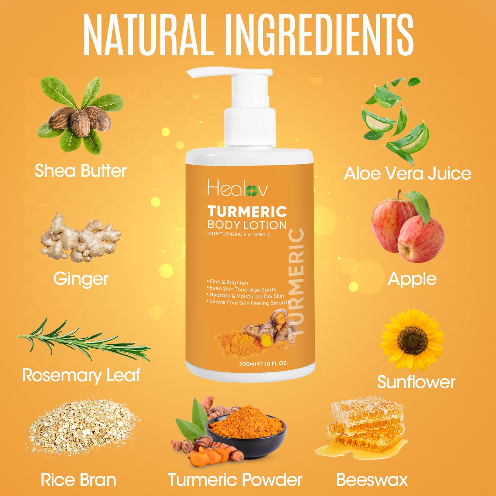 Healov Turmeric Lotion for Spots - Natural Turmeric Skin Brightening Cream for Face & Body - Cleanse Skin, Fight Acne, Even Tone, Clear Scars, Sun Damage, & Discoloration - with Vitamin C